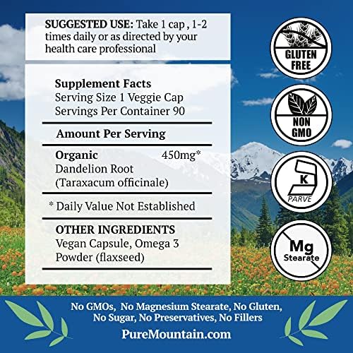 Pure Mountain Botanicals Dandelion Root Capsules - Kosher Vegan with 450mg Organic Dandelion Root Supplement
