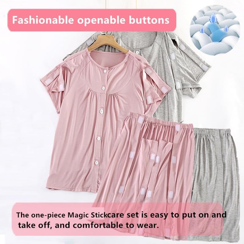 Bedridden Patient Clothing,Unisex Summer Short Fracture Suit,Disability Clothing With Fully Open on Both Sides,Post Surgery Tear Away Tops and Shorts Set(Woman,Pink,XXL)