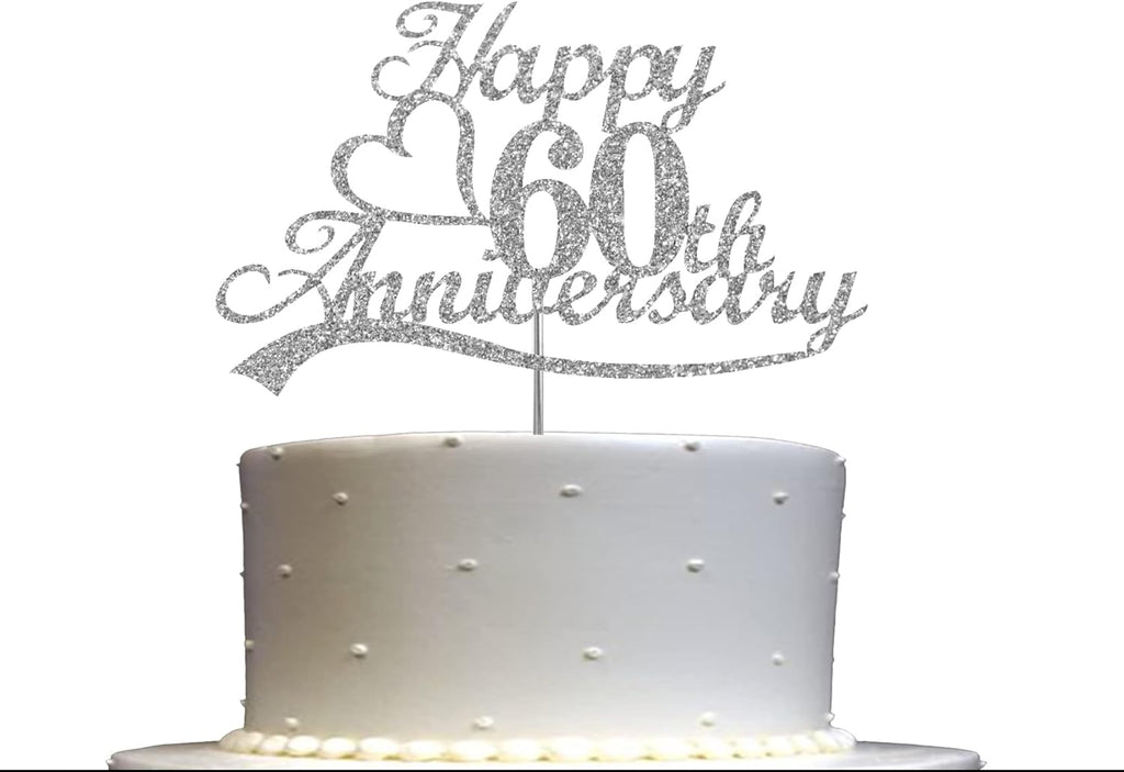 60 Anniversary Cake Topper Silver Glitter, Wedding Anniversary Party Decoration Ideas, Premium Quality, Sturdy Doubled Sided Glitter, Acrylic Stick. Made in USA (60th Silver)