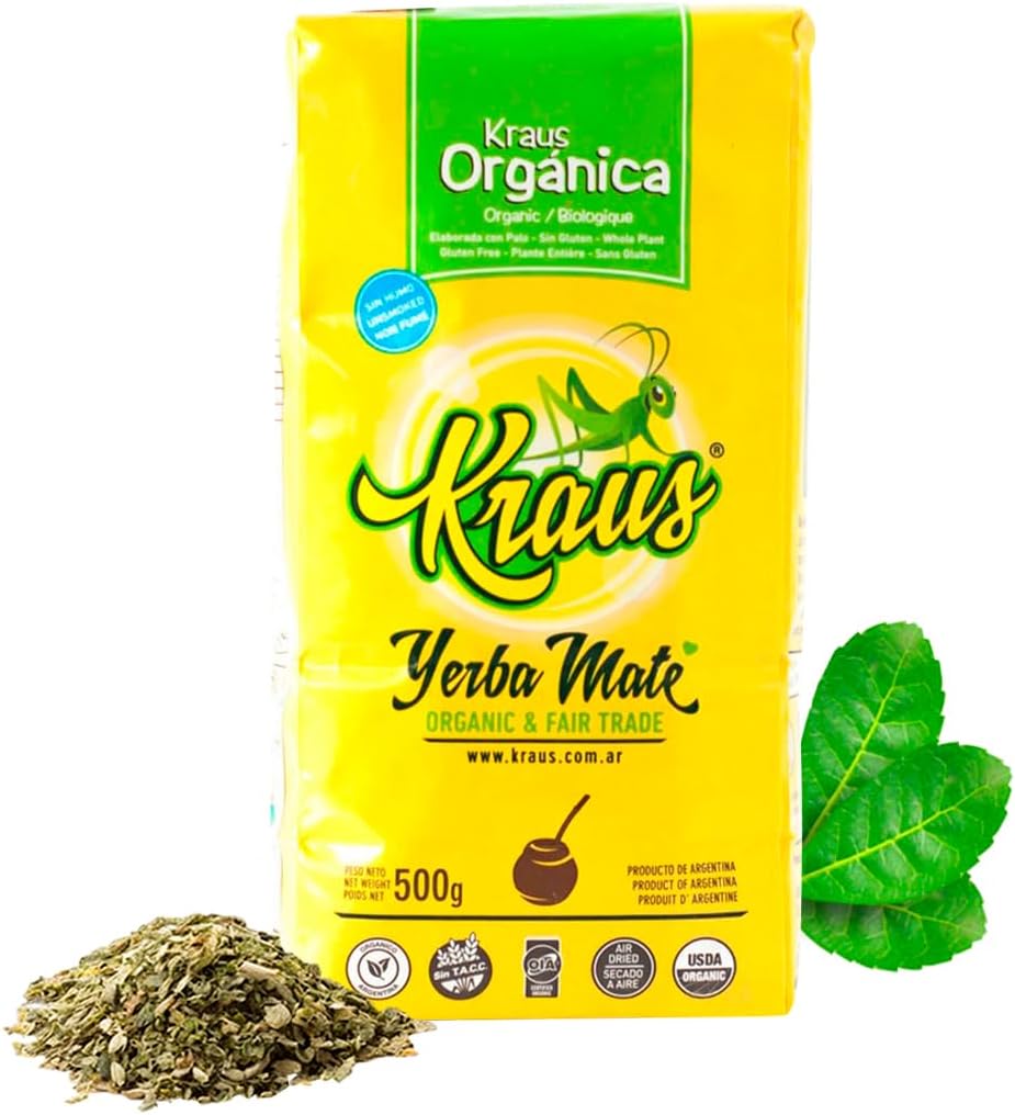 Kraus Organic Yerba Mate – Certified Organic, Gluten-Free & Kosher – Fair Trade Argentine Herbal Tea | Unsmoked & Air Dried | 500g (1.1 lb)