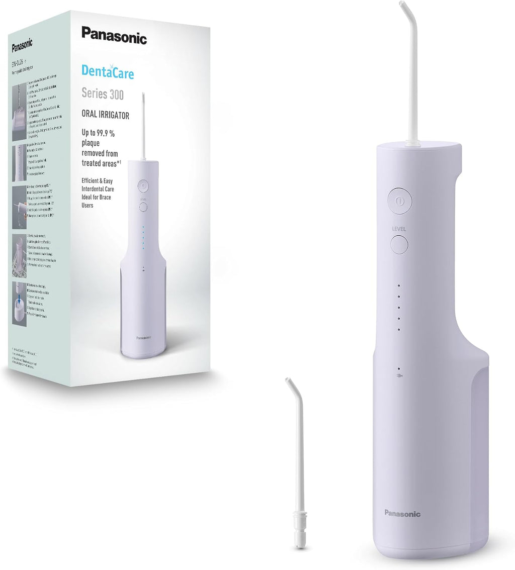 Panasonic 300 Series EW-DJ26-V303 Ultrasonic Dental Water Pulser, Oral Irrigator, 200ml, IPX7, 2 Standard Tips, 5 Pressure Settings, Travel Accessory, Purple