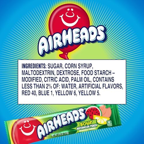 Airheads Sour Full-Size Candy Bars, Taffy, Sour Watermelon Punch, Individually Wrapped Candy, 36 Count