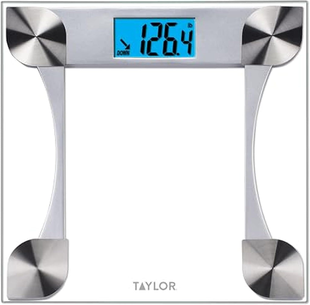 Taylor Digital Bathroom Scale for Body Weight, Large 12.2 Inch Glass Platform, Blue Backlit LCD Display, 440 lb Capacity, Weight Tracking for 2 Users, Clear