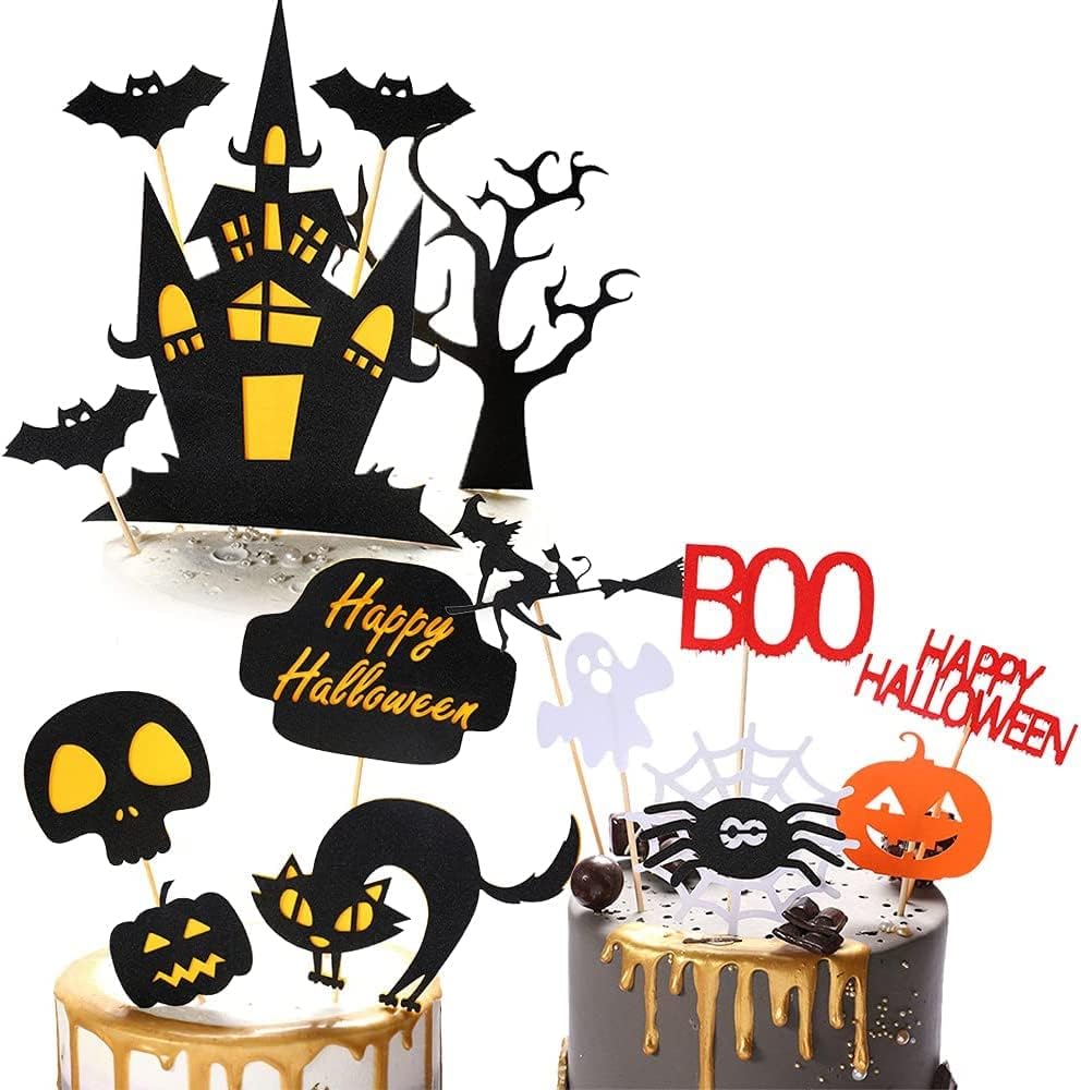 15Pack Halloween Cake Topper with Haunted House Pumpkin Ghost Bat Cat Spider Skull Boo Sign Cupcake Picks for Halloween Theme Birthday Cake Decoration Party Supplies
