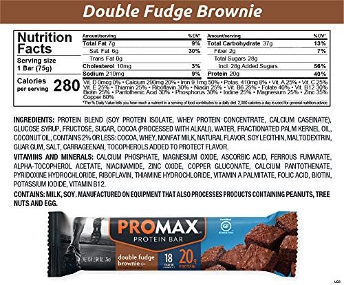 Promax Protein Bar, Double Fudge Brownie, 20g High Protein, Gluten Free, 12 Count