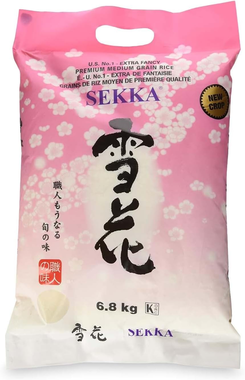 SEKKA Extra Fancy Medium Grain white Rice - Japanese Premium quality uncooked Rice | Milled Rice, Sweet and Chewy | Low Fat, Perfect for Authentic Asian Cuisine, 15 lb -(Pack of 1)