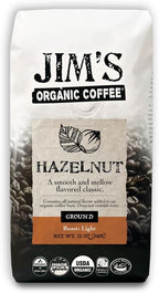 Jim’s Organic Coffee – Hazelnut, All Natural Flavored Blend – Light Roast, Ground Coffee, 12 oz Bag