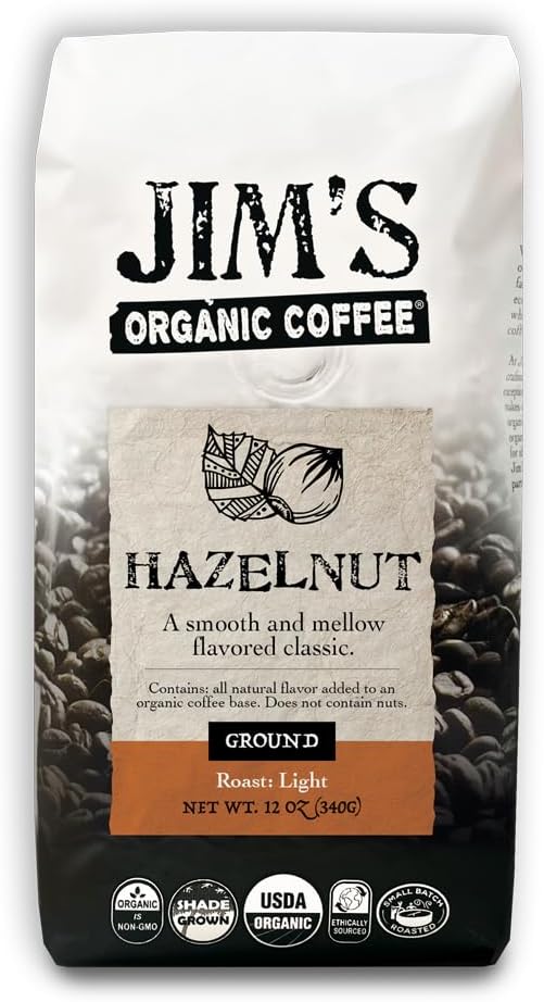 Jim’s Organic Coffee – Hazelnut, All Natural Flavored Blend – Light Roast, Ground Coffee, 12 oz Bag