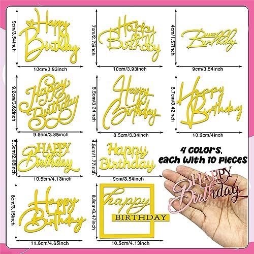 40 PCS Happy Birthday Cake Toppers Mirror Acrylic Toppers with 10 Styles 4 Colors for Birthday Party Cake Desserts Pastries