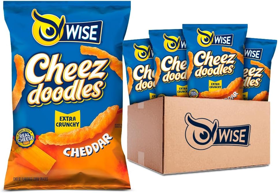 Wise Snacks Cheez Doodles Baked Puffs, Real Cheddar Cheese Extra Crunchy, Individual Snack Size Bags, School and Halloween Snacks for Kids, Gluten Free, 0g Trans Fat, No Preservatives, 0.875 Ounce (42 Count)