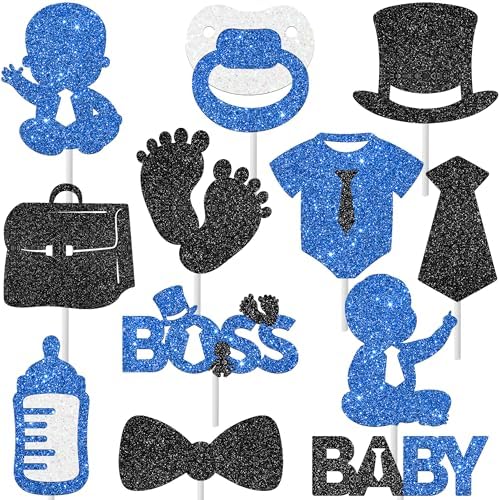 Glitter 24Pcs Boss Boy Baby Shower Party Cupcake Toppers for Gender Reveal Baby Boys 1st Birthday Party Decoration Supplies