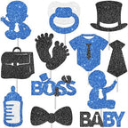 Glitter 24Pcs Boss Boy Baby Shower Party Cupcake Toppers for Gender Reveal Baby Boys 1st Birthday Party Decoration Supplies