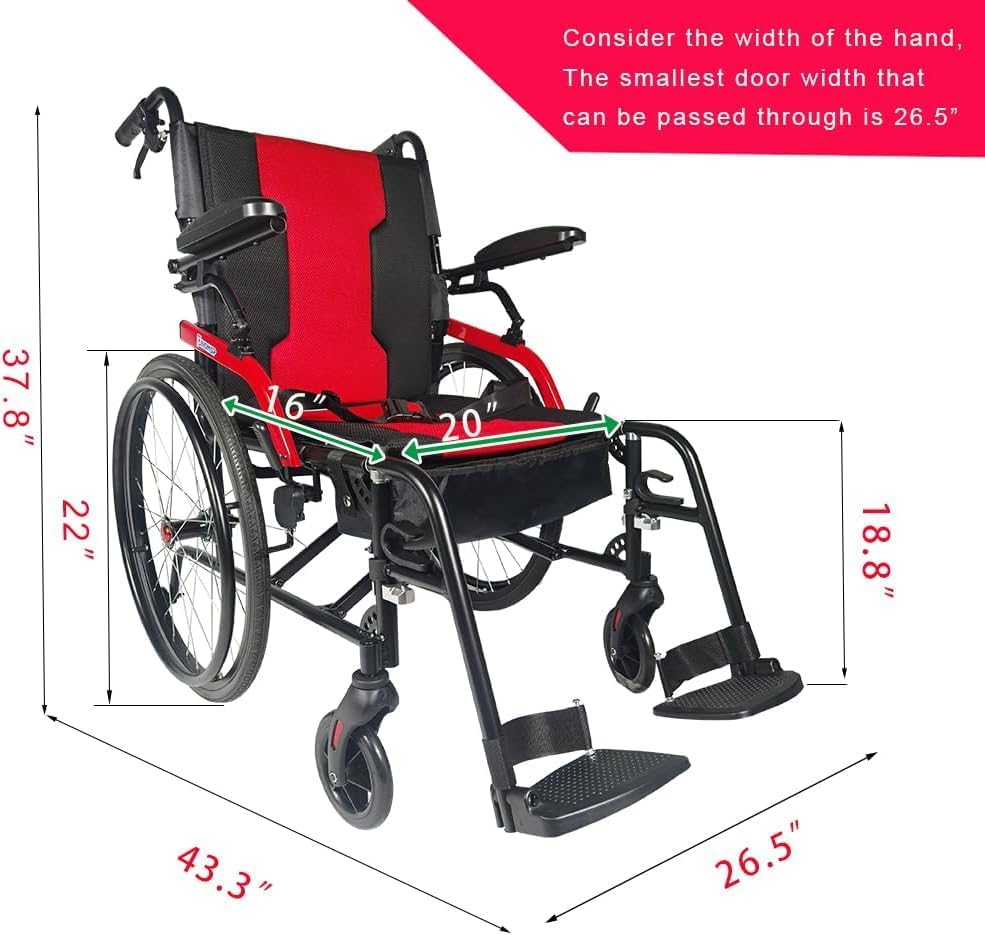 14lb Magnesium Ultra Lightweight Wheelchair 20 inch seat with Flip Back Arms,Lightweight Wheelchair Foldable,wheelchairs for Adults with Travel Bag