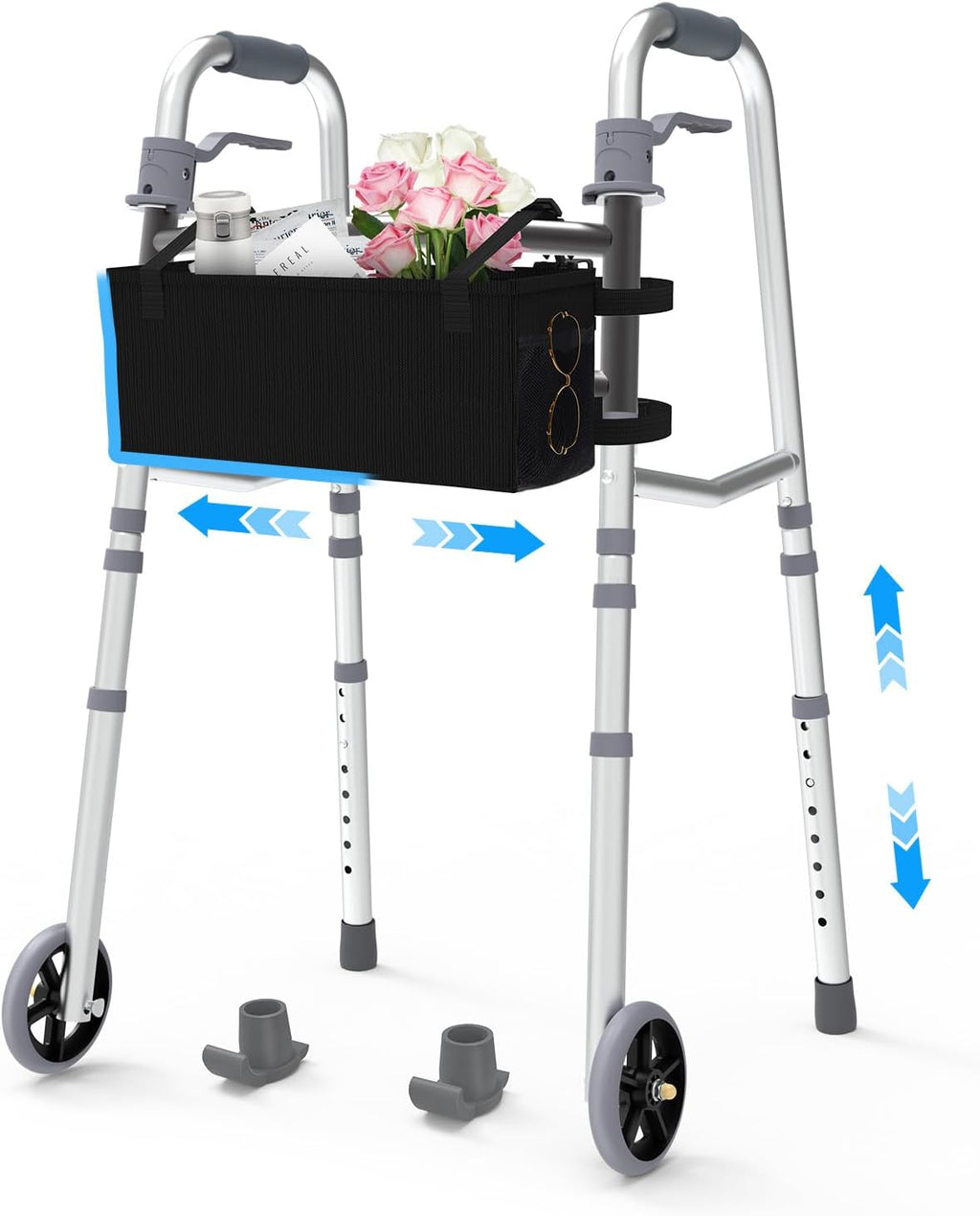 Folding Narrow Walkers for Seniors, Adjustable Width & Height, Standard Walkers with Basket, 2 Skis, 5” Front Wheels, Lightweight Walkers for Elderly & Disabled, Thickened Aluminum Adult Walker