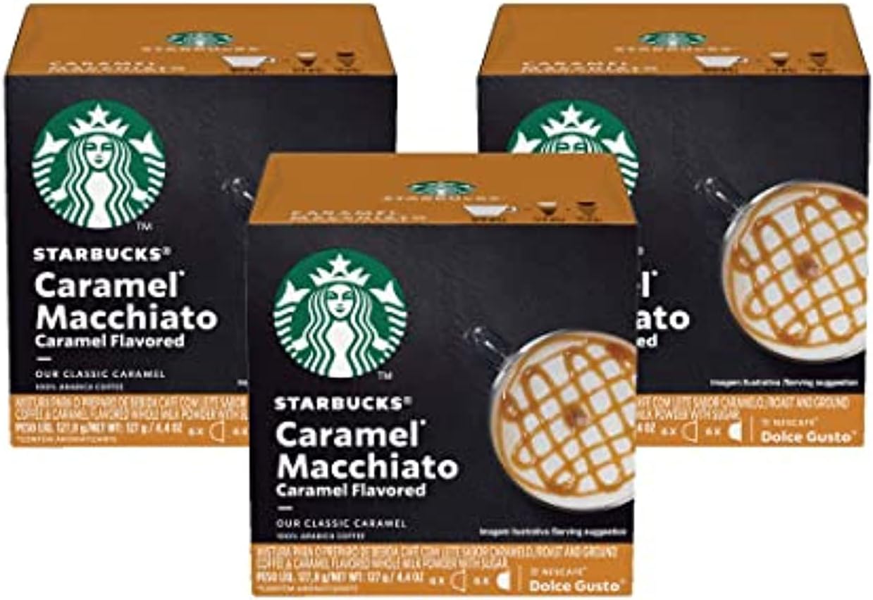 Starbucks Coffee by Nescafe Dolce Gusto, Starbucks Caramel Macchiato, Coffee Pods, 12 capsules, Pack of 3 (Packaging May Vary)