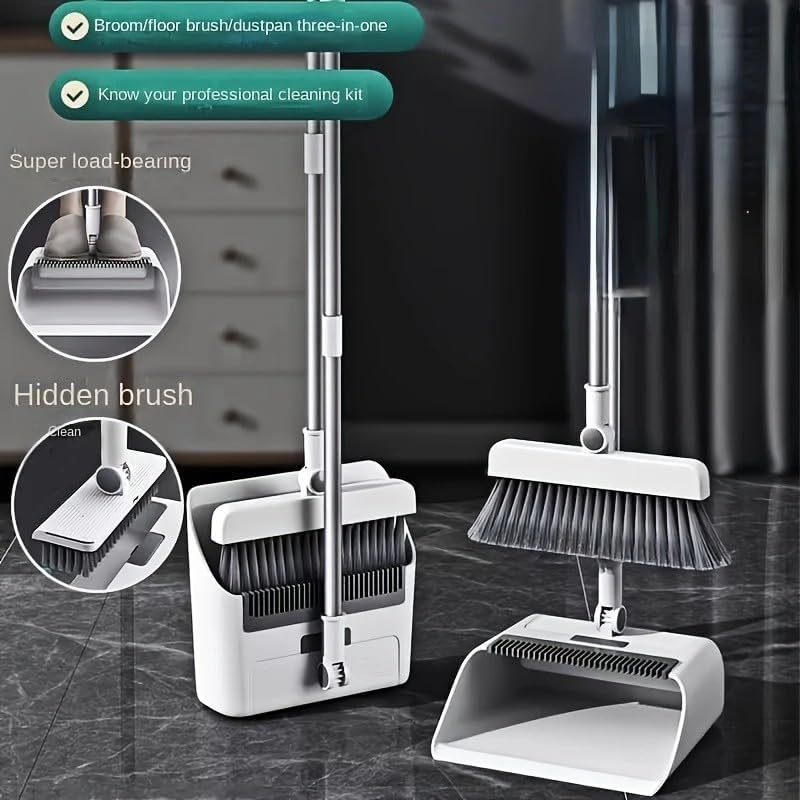 3 in 1 Broom and Dustpan Set with Adjustable Push Broom with 48.8“ Long Handle for Floor Sweeping Outdoor Indoor Sweeping Combo for Home & Kitchen (White)