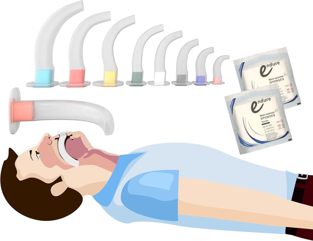 Endure Oropharyngeal Airway Kit, 9 Pieces, Sizes 40mm - 120mm, Color-Coded by Size, with 2 Pack of Sterile Non-Woven Sponges
