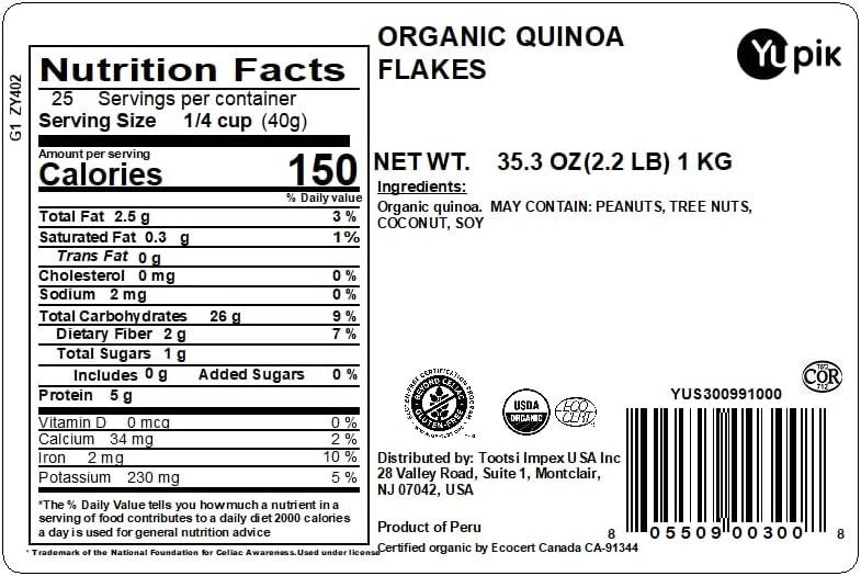 Yupik Organic White Quinoa Flakes, 2.2 lb (35.2 oz), Non-GMO, Gluten-Free, Kosher, Vegan, Salt-Free, Oil-Free, Plant-Based Protein, Source of Fiber, Alternative to Oats, Ideal for Baking & Cooking