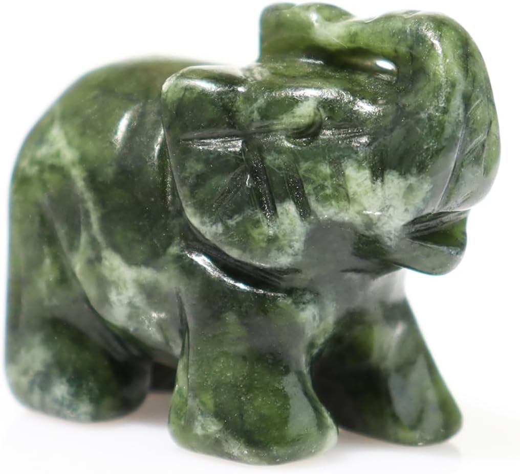 Gemstone Elephant Figurines 1PC, Green Jade Stone, Hand Carving Small Elephant Gifts Crystal Animal Figurines Green Jade Statues for Home Decor, Gift