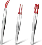 3 PCS Tweezers with Rubber Tips - Long Tweezers for Crafts Stainless Steel Bent Flat and Pointed Precision Tweezer for Stamps Coins Jewelry Crafts Industrial Electronic Lab