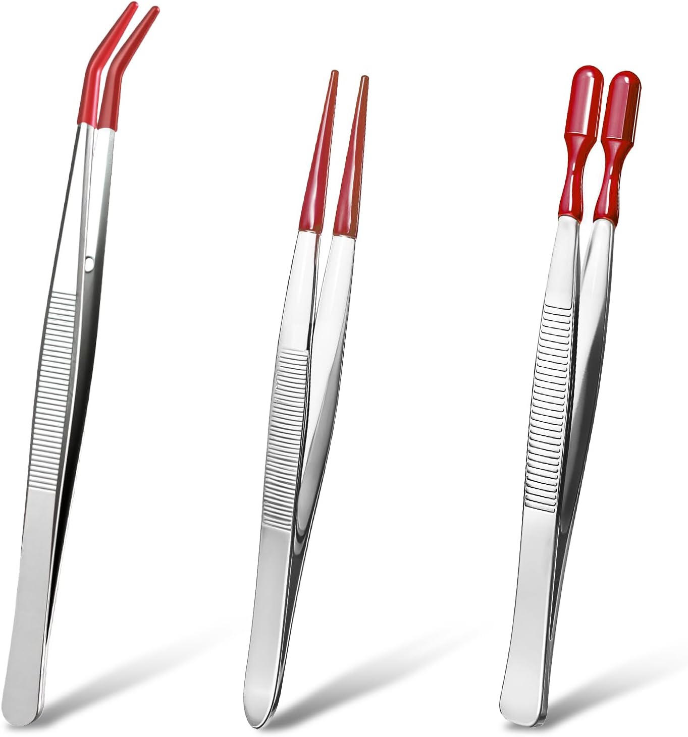 3 PCS Tweezers with Rubber Tips - Long Tweezers for Crafts Stainless Steel Bent Flat and Pointed Precision Tweezer for Stamps Coins Jewelry Crafts Industrial Electronic Lab