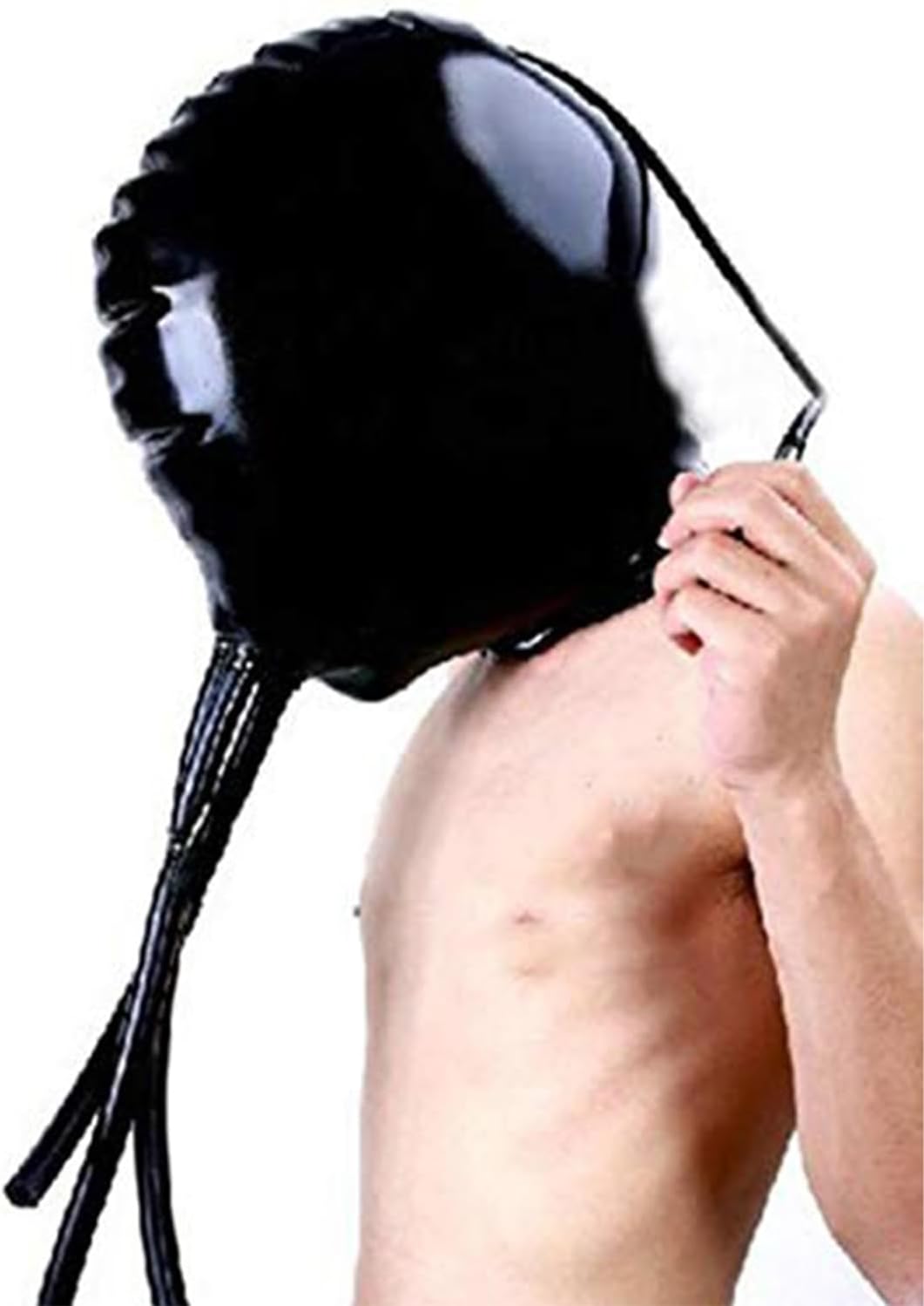 Inflatable Latex Hood with Mouth Nose Tubes Double Layer Back Zipper Rubber Mask