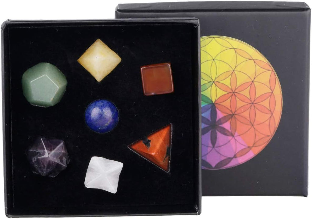 mookaitedecor 7 Chakra Crystal Platonic Solids Sacred Geometry Set, Polished Tumbled Stones with Merkaba Star Kit for Reiki Healing and Meditation