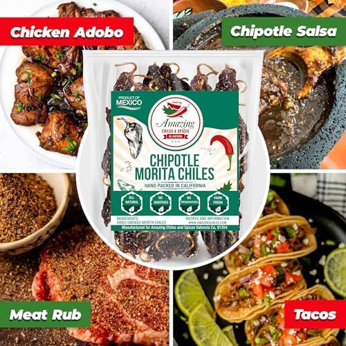 Dried Chipotle Morita Chile Peppers 4 oz – Robust Smokey Flavor, Use For Mexican Recipes, Mole, Sauces, Tamales, Salsa, Meats, Stews. Medium to High Heat - Resealable Bag. By Amazing Chiles and Spices