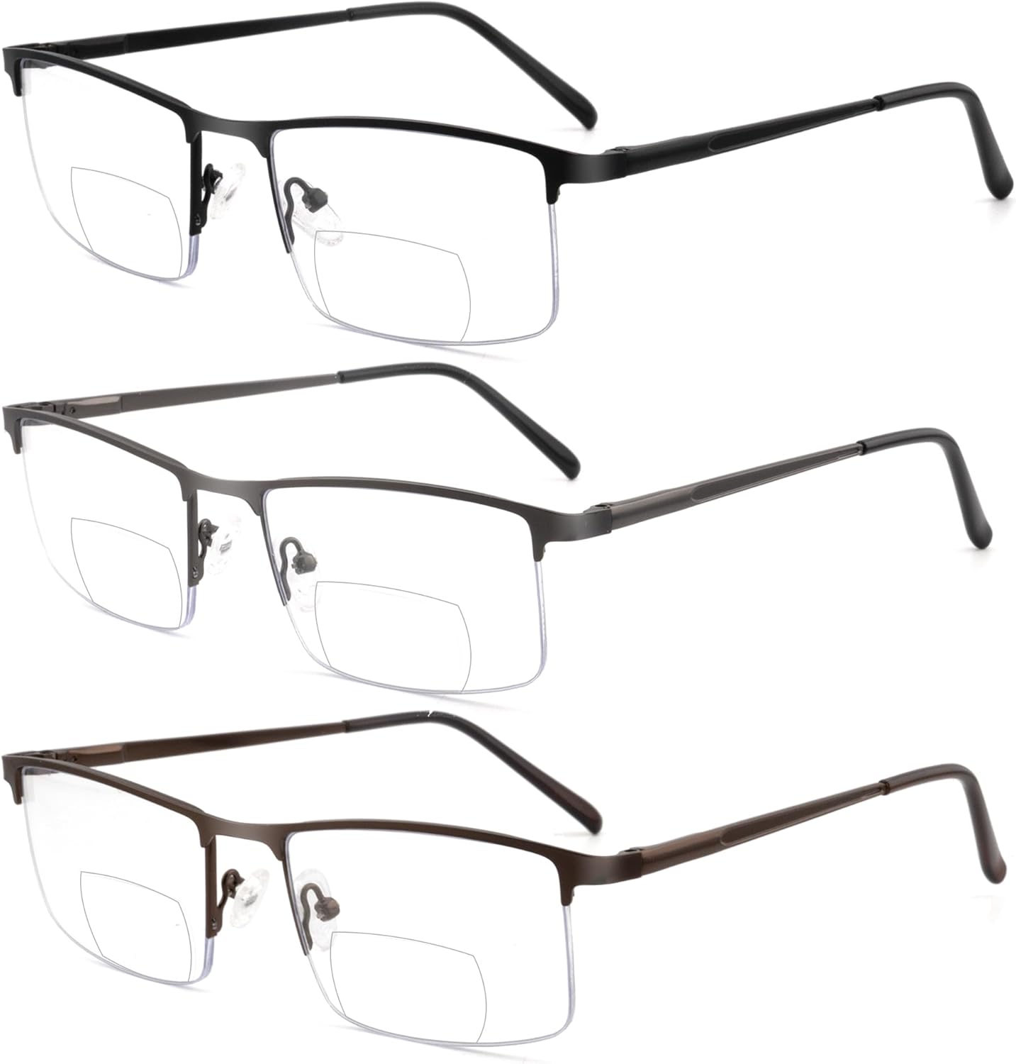 3 Pack Bifocal Reading Glasses for Men,Lightweight Metal Half Frame Clear Top Bi-focal Readers with Spring Hinge+2.50