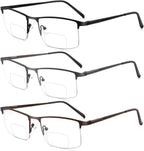 3 Pack Bifocal Reading Glasses for Men,Lightweight Metal Half Frame Clear Top Bi-focal Readers with Spring Hinge+2.00