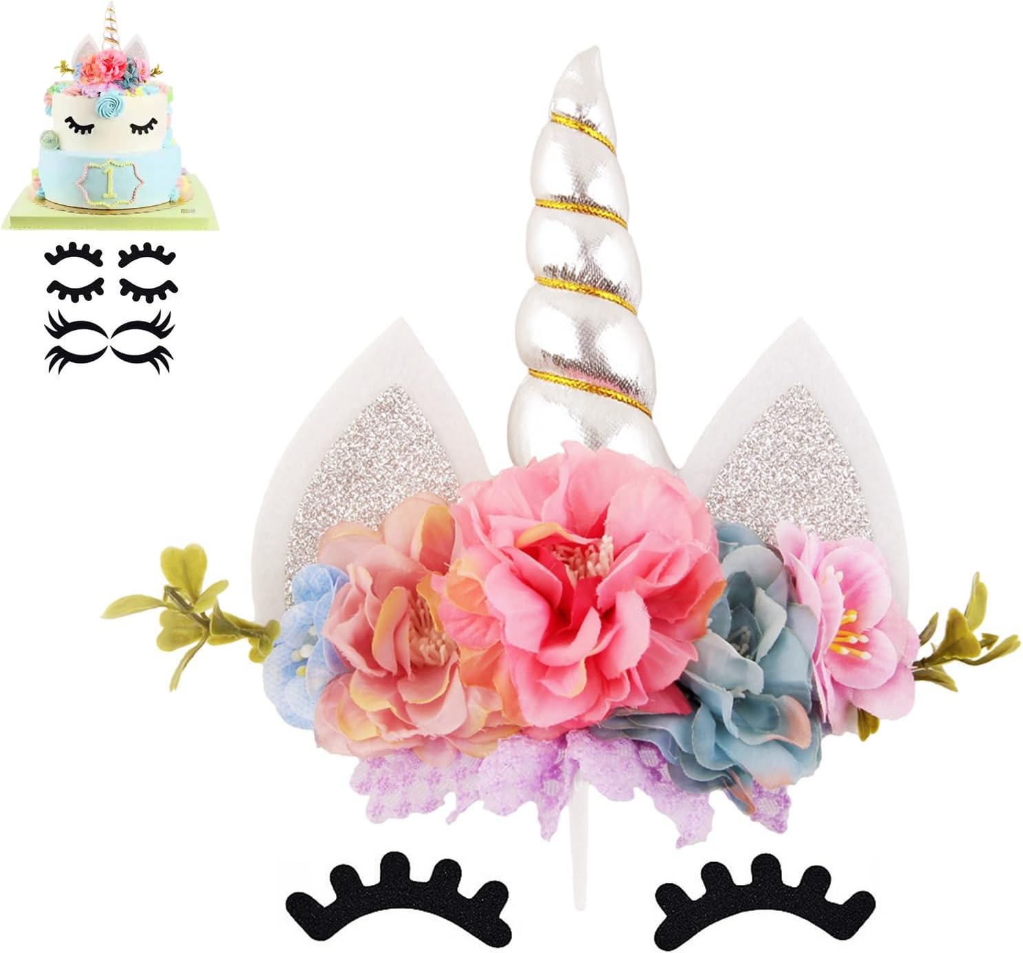 Nishine Handmade Cherry Floral Unicorn Cake Topper Eyelashes Set for Birthday Party Supplies (Silver)