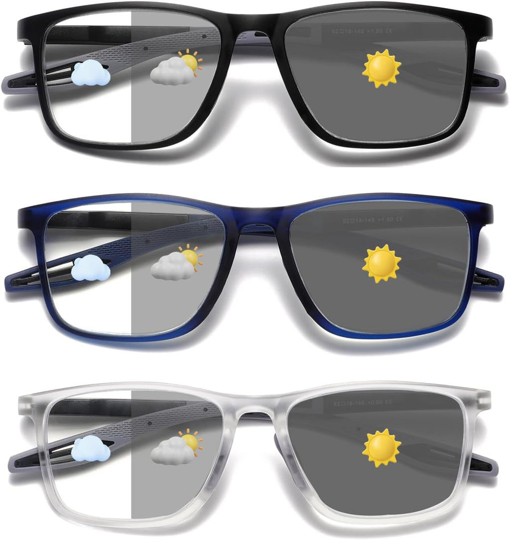 Hubeye Photochromic Reading Glasses for Men and Women TR90 Sport Reader Anti Glare UV Ray Filter （Matte black+Matte blue+Transparent，+1.75