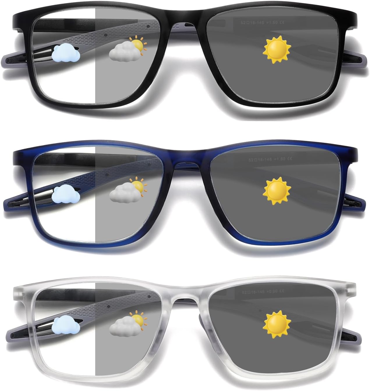 Hubeye Photochromic Reading Glasses for Men and Women TR90 Sport Reader Anti Glare UV Ray Filter （Matte black+Matte blue+Transparent，+1.5