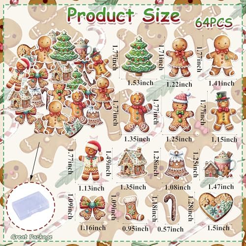 64PCS Edible Gingerbread Cupcake Toppers Wafer Paper Bread Man Christmas Tree Cupcake Toppers for Merry Christmas Theme Party Baby Shower Birthday Decor Supplies