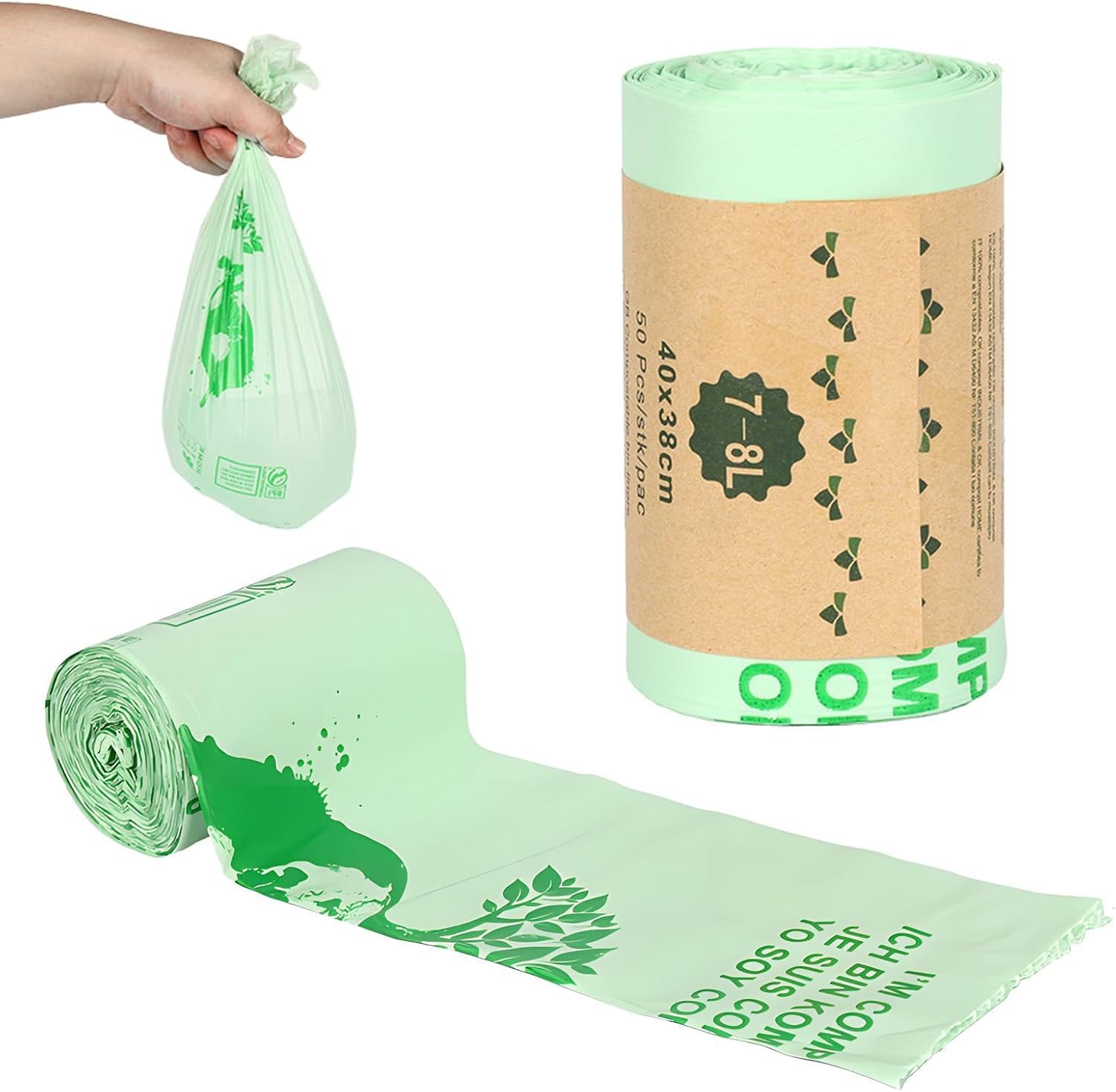 8 Liter Kitchen Food Scrap Waste Bags for Compost，50 Count，Handle Tie Compostable Food Scrap Bags For Counter Top Compost Bin