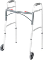 Drive Medical Two-Button Folding Walker w/ Wheels - Lightweight Rolling Mobility Support - Adjustable Height - Dual Push-Button Operation - 5 Inch Front Wheels - Durable Aluminum - Silver