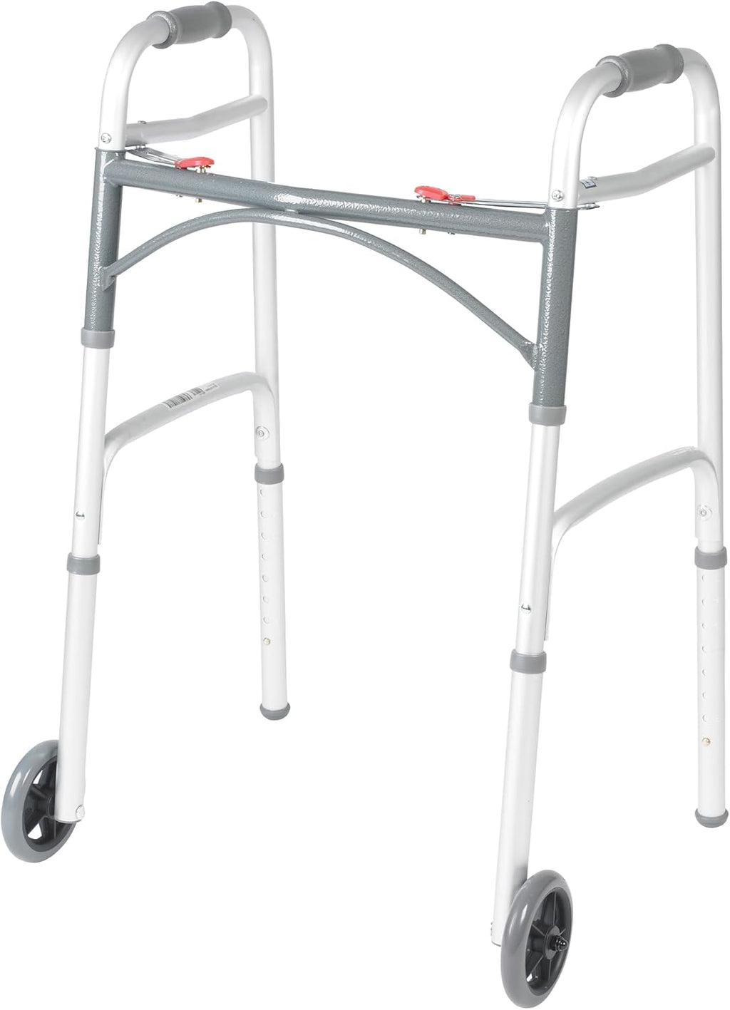Drive Medical Two-Button Folding Walker w/ Wheels - Lightweight Rolling Mobility Support - Desk Arms - Adjustable Height - Dual Push-Button Operation - 5 Inch Front Wheels - Durable Aluminum - Silver