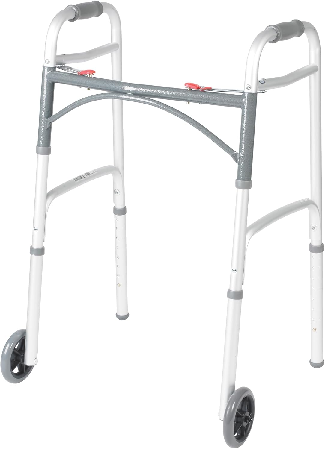 Drive Medical Two-Button Folding Walker w/ Wheels - Lightweight Rolling Mobility Support - Desk Arms - Adjustable Height - Dual Push-Button Operation - 5 Inch Front Wheels - Durable Aluminum - Silver
