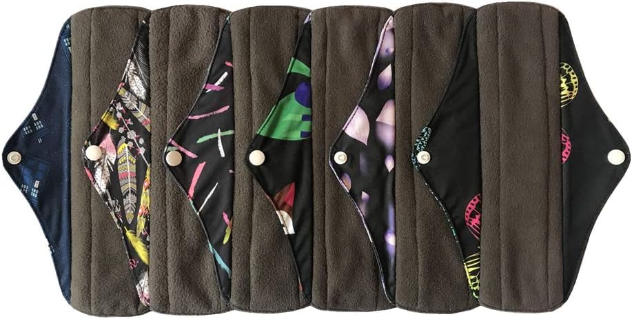 MUMBABY 6 Pieces 25.4cm (10 inch) Regular Charcoal Bamboo Mama Cloth/Menstrual Pads/Reusable Sanitary Pads (Black, M)