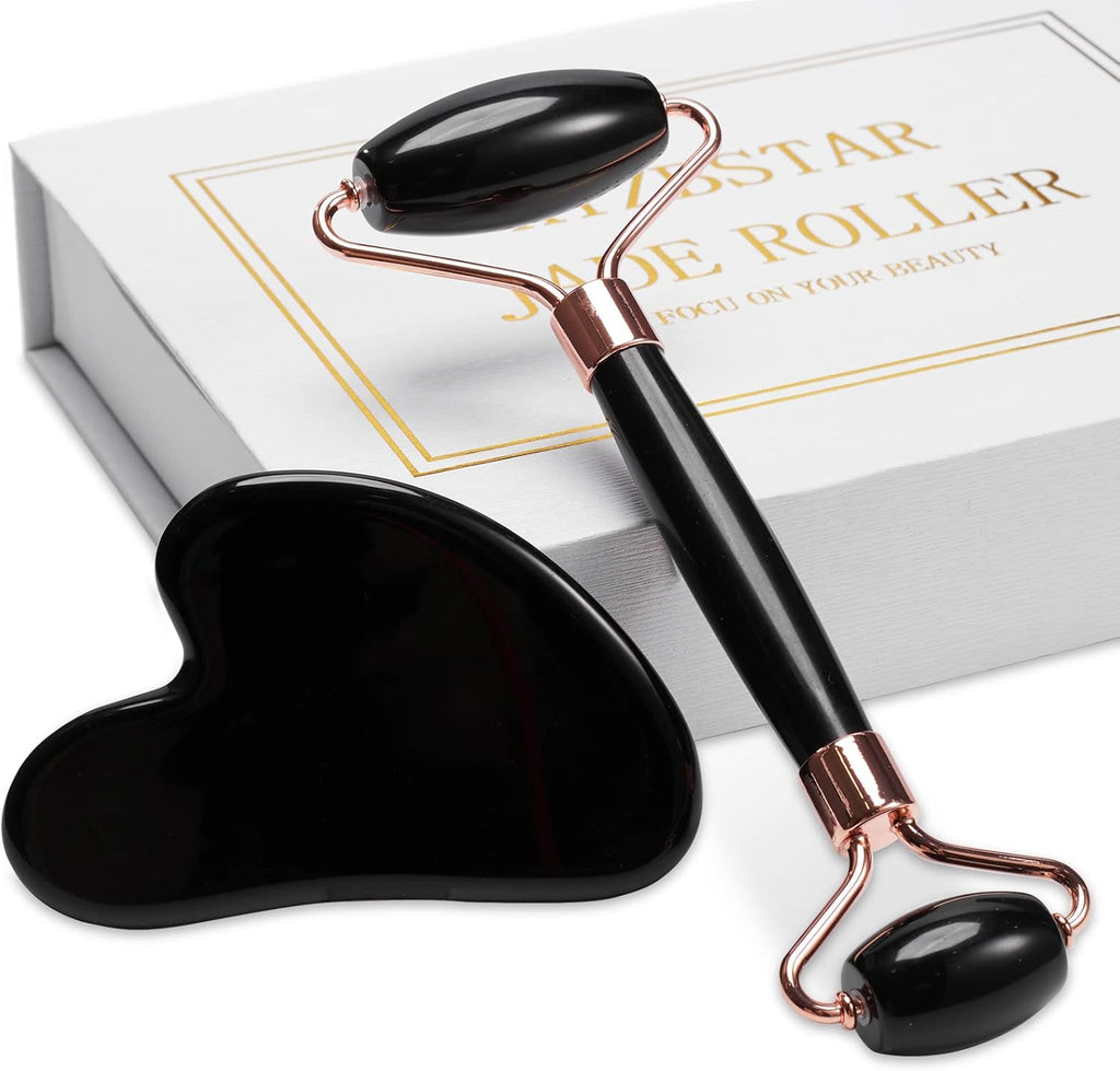 Jade Roller for Face, Facial Roller Massager Skin Care Tool, Gua Sha Facial Tools for Face, Neck, Eyes, Reduce Puffiness of The Skin (Black)