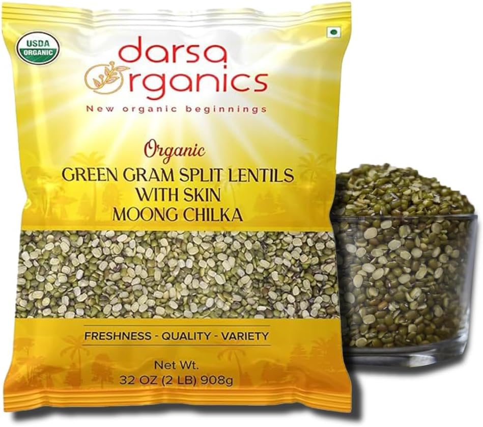 Darsa Organics Mung Split Lentils with Skin, Moong Dal with Skin 2 lb - USDA Organic Green Lentils, Non-GMO, Kosher, Chemical-Free, Protein Rich Organic Split Green Gram, Gluten-Free, Vegan