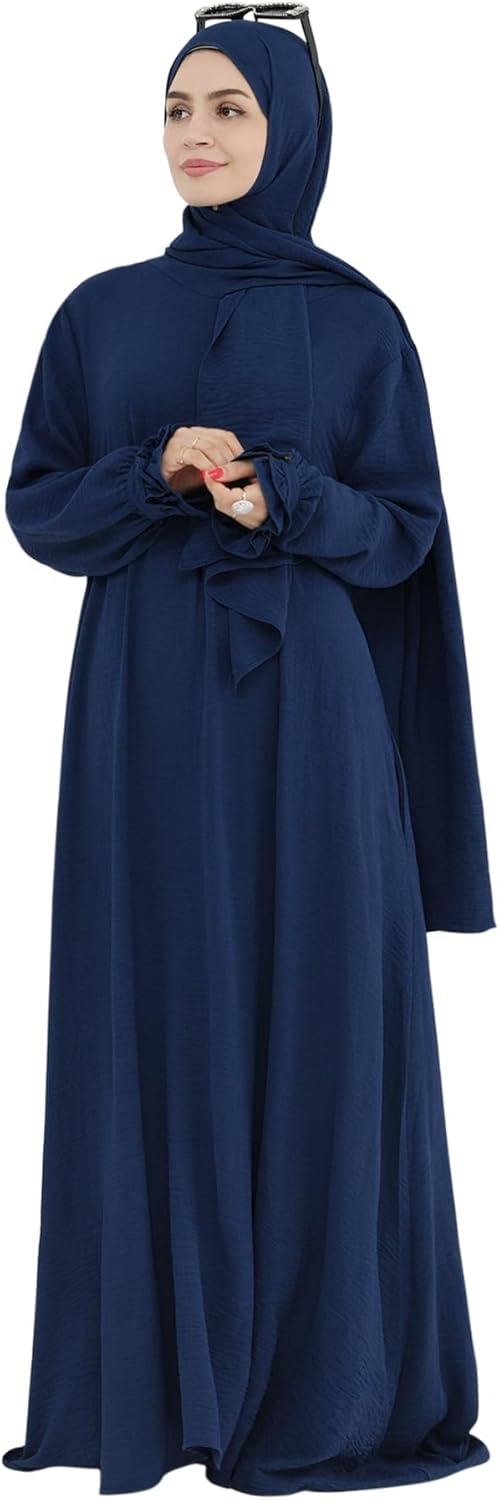 Women Muslim Dress Middle East Arabian Robe Islamic Modest Dress with Hijab Scarf Lace Sleeve Flowy Abaya Dress
