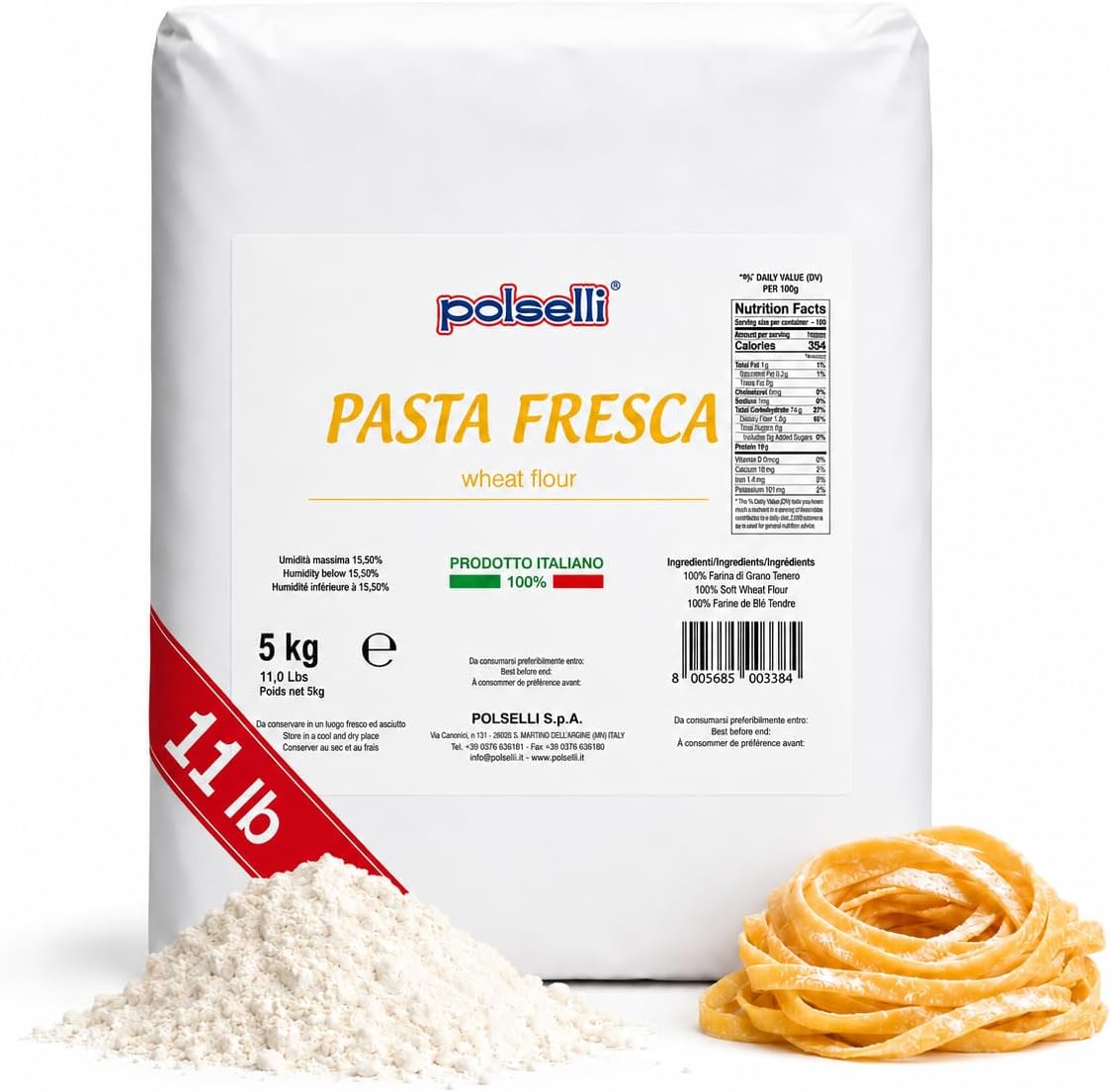 POLSELLI Fresh Pasta Flour, 100% Soft Wheat, 5 kg (11 lbs) Tipo 00, Bread Machine or Handmade Pasta for Bread, Gnocchi, Product of Italy