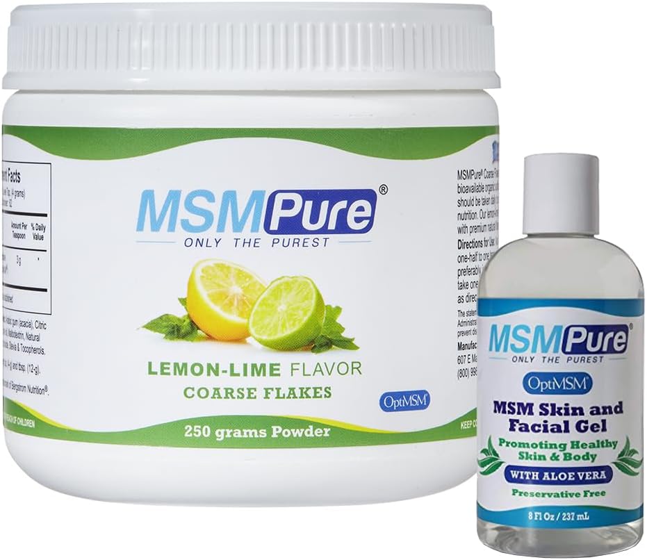 KALA HEALTH MSMPure Lemon Lime Flavored Coarse Flakes 8.8 oz and MSM Gel 8 oz Bundle