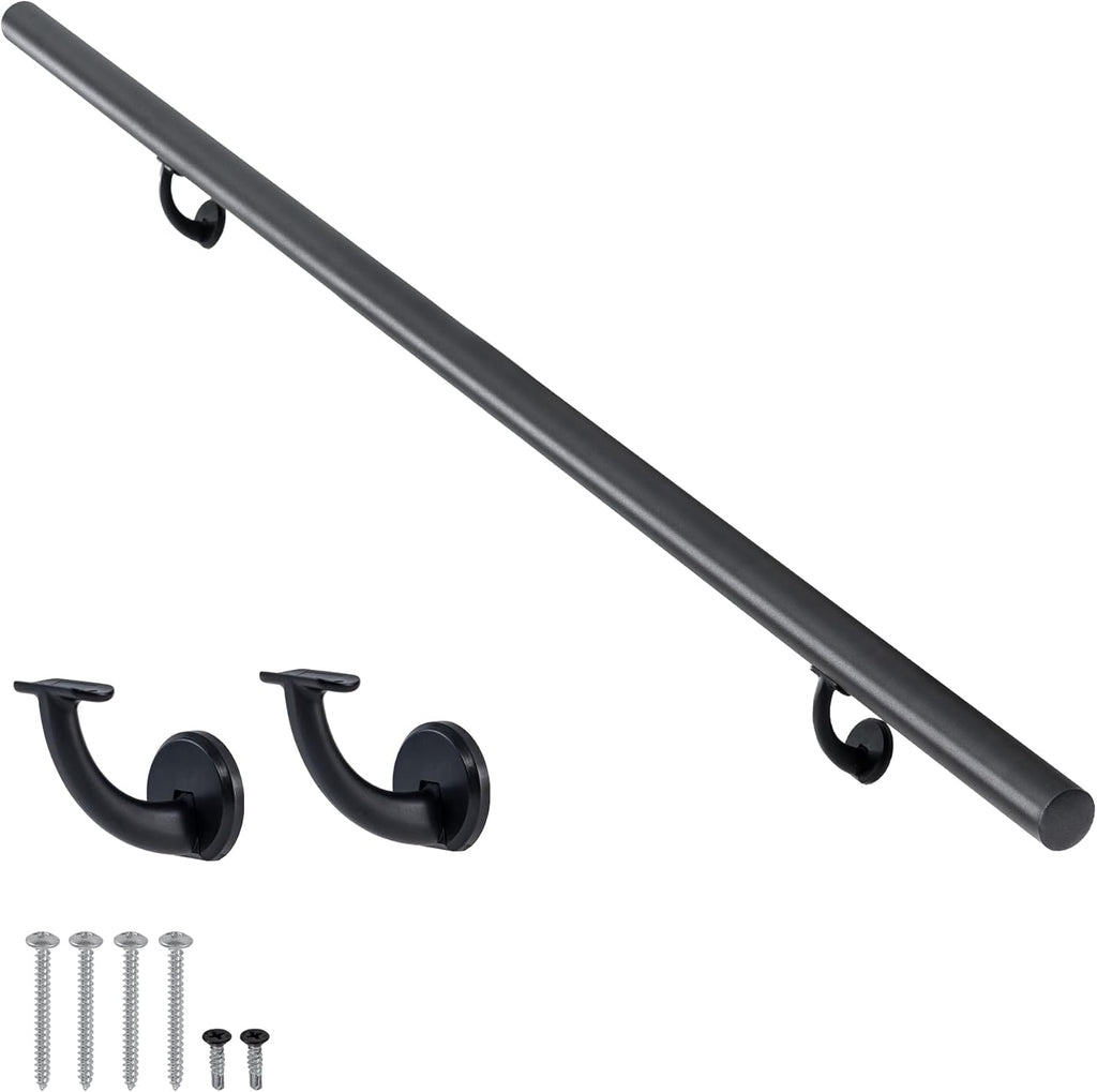 12 FT Modern Aluminum Handrail Set, handrails for Indoor Stairs,Deck,Slope, Wall Mounted Staircase handrails, Zink Alloy Brackets Included,Rust Free. (Matte Black, 12 FT)
