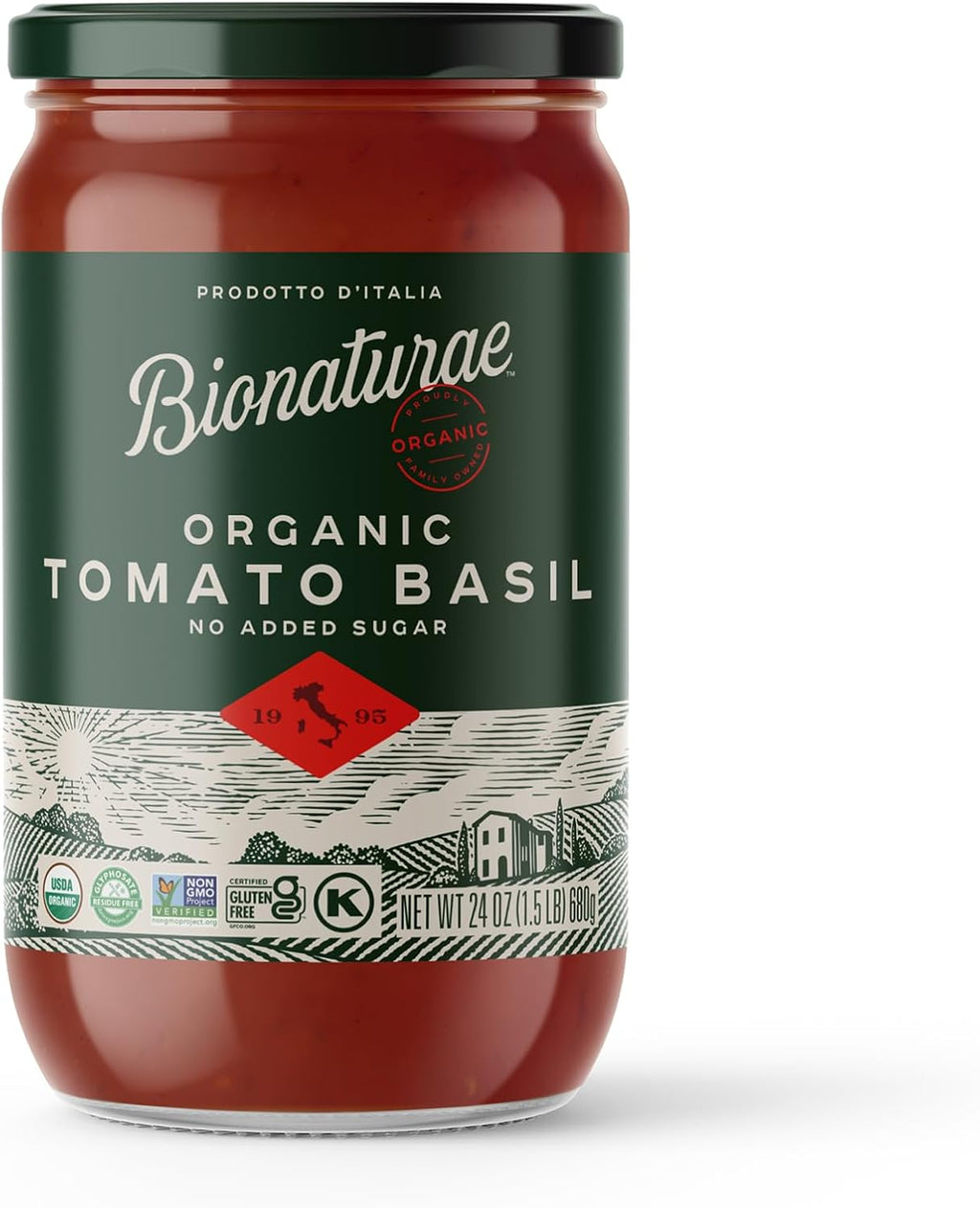 Bionaturae Organic Tomato Basil Pasta Sauce - Gluten Free Sauce for Spaghetti, Pizza, & Lasagna, Non GMO, No Added Sugar, Kosher, Glyphosate Free, Made in Italy, Tastes like Homemade - 24 oz Jar