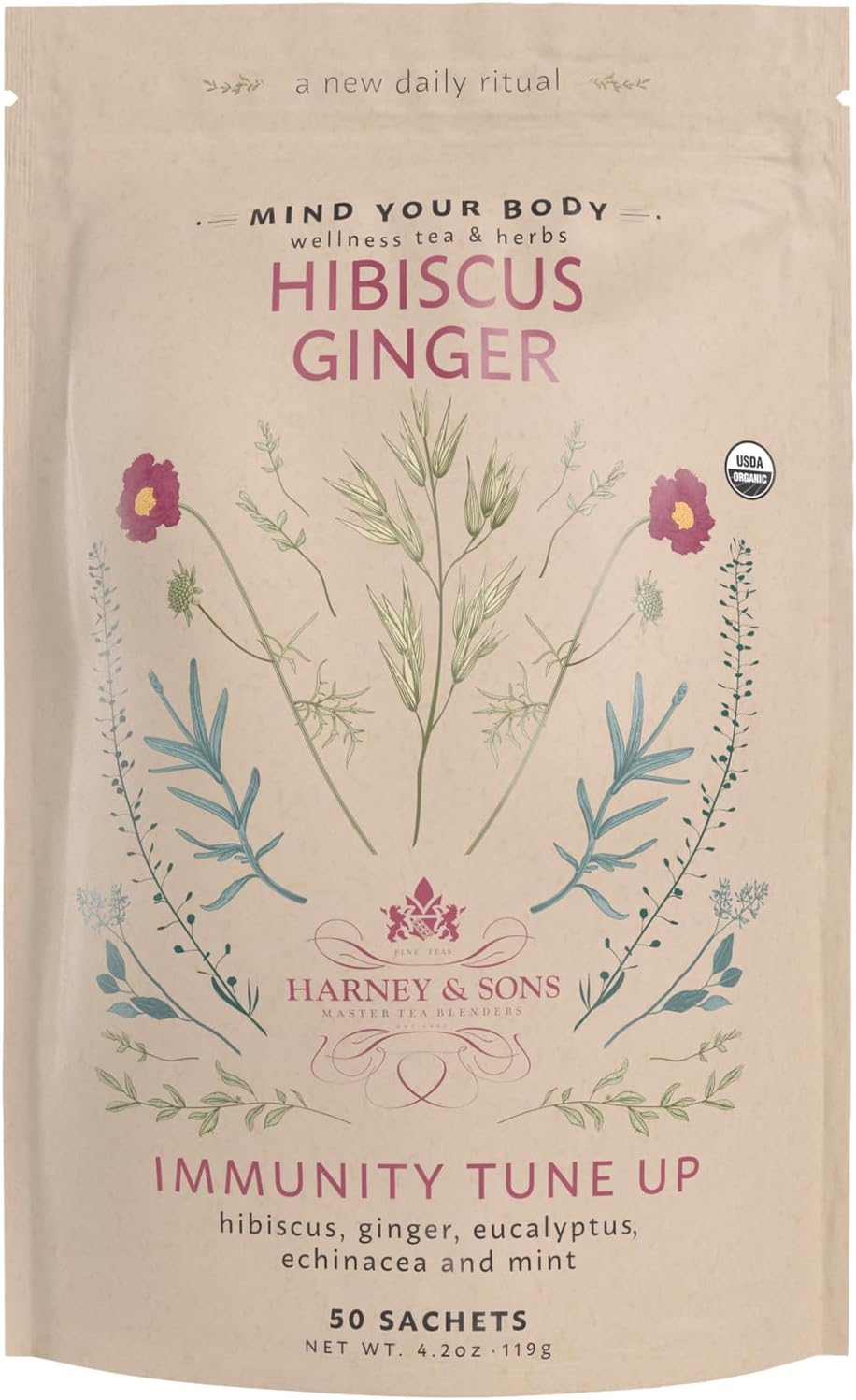 Harney & Sons Organic Hibiscus Ginger Tune-Up Tea, Bag of 50 sachets, 50 Count