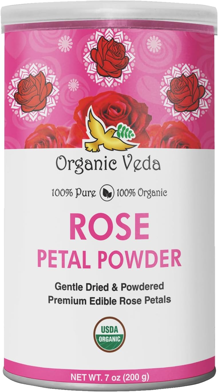 Organic Veda Edible Rose Petal Powder - Rose Petal Powder for Cooking, Herbal Tea, Smoothies, Toppings - Natural Rose powder for DIY Face Masks, Skin & Hair Care - Vegan, No Gluten (7 oz)