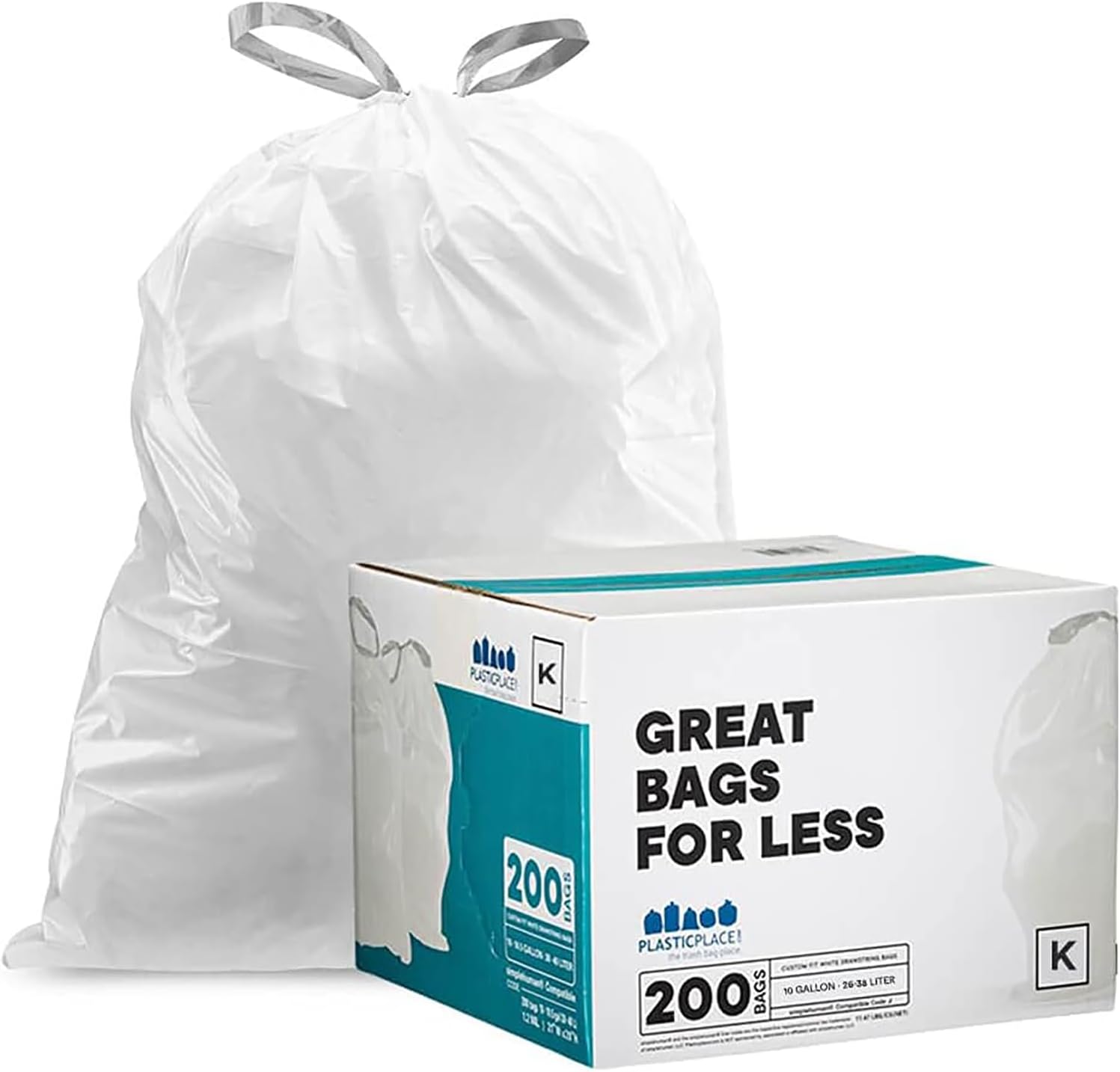 Plasticplace Custom Fit Trash Bags, Compatible with Simplehuman Code K, White Drawstring Garbage Bags Liners, 10 Gallon / 38 Liters, 24" x 28" (200 Count) Heavy Duty Trashbags Home Essentials Large