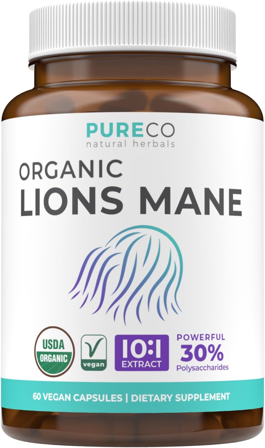 PURE CO Organic Lions Mane Supplement Capsules - USDA Organic Mushroom Supplement Capsules with 1000mg Lion's Mane 10:1 Extract per Serving with 30% Polysaccharides - Vegan & Non-GMO (1 Month Supply)